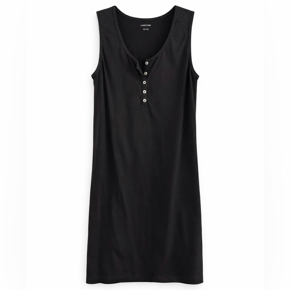 Lands’ End Black Sleeveless Henley Dress | Size L (14–16) | 100% Cotton
